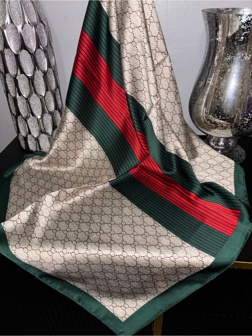 ✨ Designer Inspired Monogram Silk Feel Scarf • Green & Red Stripe ✨